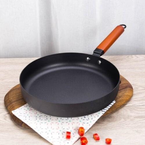 27CM Non-Stick Skillet Long Wooden Handle Wrought Iron Frying Pan Steak Grill Pizza Pancake Maker For Gas Stove Induction Cooker