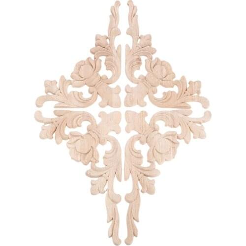 4 Pcs Wood Carved Onlay Applique For Home Furniture As Wardrobe Wall Cabinet Door Decal Left Right Irregular Floral