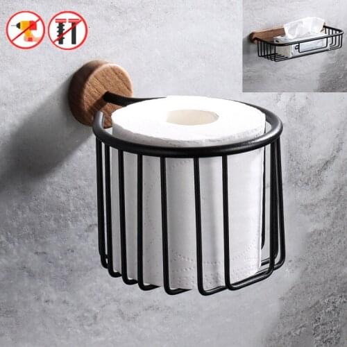 Aluminum Tissue Holder Wall Mounted Bathroom Toilet Paper Rack Hollow Storage Basket Wooden