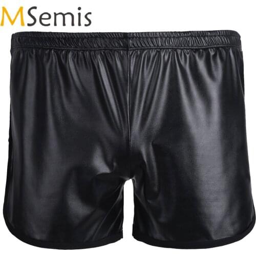 Black Mens Shiny Faux Leather Sport Hot Boxer Short Pants with a Back Pocket Elastic Waistband Stretchy Fabric Trunk