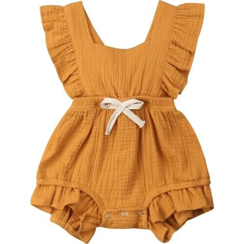 Infant Baby Girl Boy Bowknot Bodysuit Summer Ruffles Sleeveless Short Jumpsuit Solid Toddlers Cotton Bodysuit 0-24M 11Color