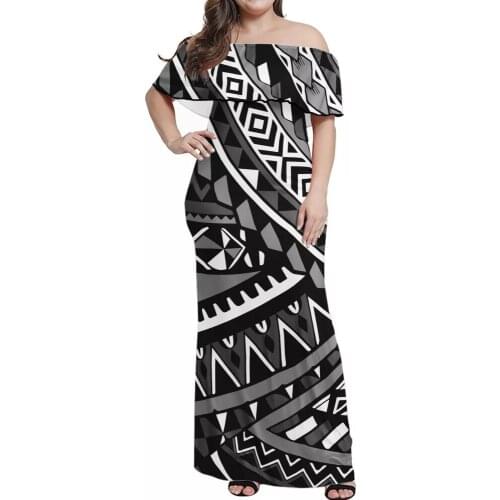 HYCOOL Elegant Polynesian Tribal Black Dress Women Slash Neck Half Sleeve Oversize Casual Midi Dresses Female Summer Clothes