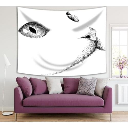 Tapestry Cat Sketch Animal Potrait Drawing Modern Minimalistic Artwork Printed Black and White