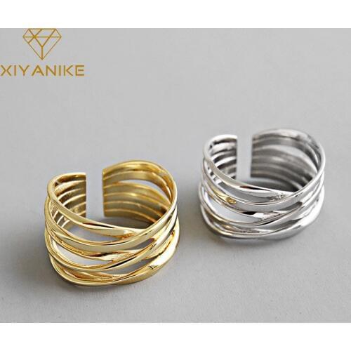 XIYANIKE 925 Sterling Silver Rings Creative Multilayer Winding Line Geometric Handmade for Women Couple Size 17.2mm Adjustable