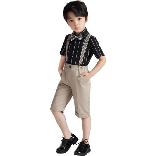 Boys T Shirt +Shorts+Suspender+Tie 4PCS Clothing Set Childrens Day Chorus Costume Photograph Suit Kindergarten Kids Prom Dress