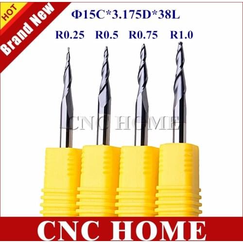 4Pcs R0.25/R0.5/R0.75/R1.0 1/8" HRC55 Ball Nose End Mills Tungsten solid carbide Tapered cone CNC Milling Cutter 3.175MM Shank