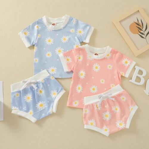 Summer Casual Baby Girls Boys Clothing Set Floral Printed Ribbed Short Sleeve Tops+Shorts 2PCS Kids Toddler Little Baby Outfits