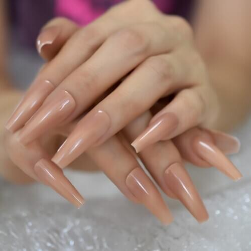 Nude Glossy False Nail Long Cat Eyes Artificial Nail Tips Pearl Shimmer Faux Ongles Solid Color Nail Tips