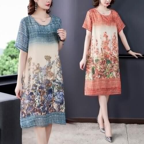 Plus size middle-aged mother high-end retro printed silk dress short sleeve 2020 new summer round neck loose home dress