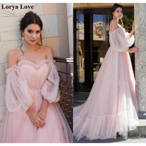 Pink Prom Dresses 2020 Women Party Night Long Evening Dress Off The Shoulder Vestidos De Gala A-Line Long Sleeves Robe De Soiree