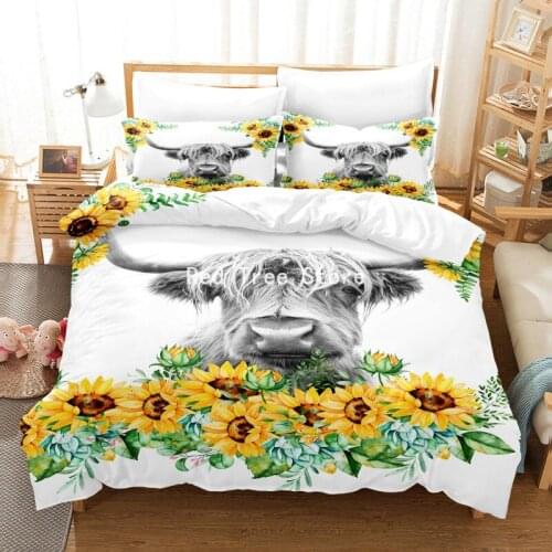 Lucky Cow Sunflower Bedding Set Animal Printing Single Double King Queen Size Comforter Duvet Cover Pillowcase 2/3pcs Bedclothes