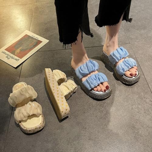 Sandals and Slippers Female Summer 2021 New Muffin Thick Bottom Beach Shoes Net Infrared Wear Fashion Increase Slippers Female T