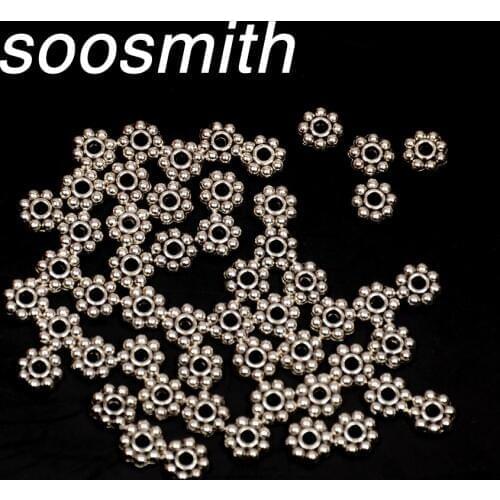 Soosmith 100Pcs/Bag 6mm Flower Spacer beads Metal Tibetan Silver Beads For Jewelry Making Diy Handmade Bracelet Necklace Craft
