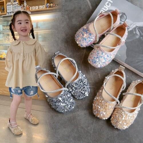 Girls Square Toe Shoes 2021 Summer New Fashion Kids Rhinestone Sequined Princess Shoes Soft Performance Shoes Sweet for Wedding