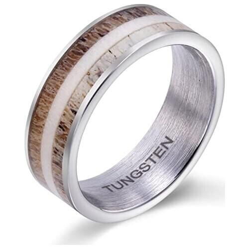 POYA TUNGSTEN Ring 8mm Mens Sandblasted Wedding Engagement Promise Band with Two Tone Antler Inlay