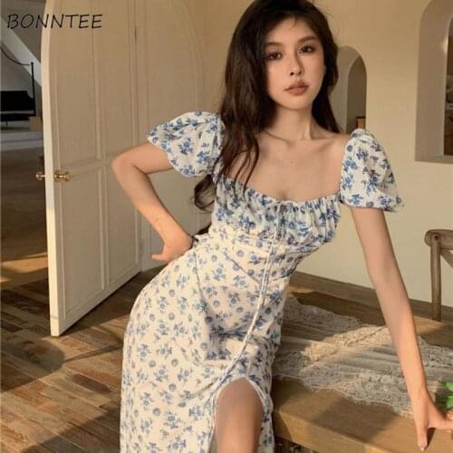 Dresses Women Side-slit French Style Print Leisure Puff Sleeve All-match Sexy Ladies Vestidos Vintage College Birthday Party New