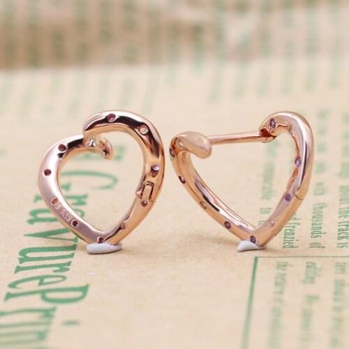 Genuine 925 Sterling Silver pan Earring Rose Bright Heart Earrings For Women Wedding Party Gift Europe Fashion Jewelry