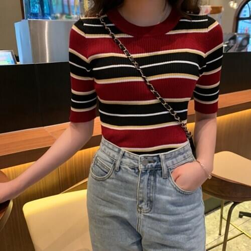 Women Winter Stripes Print Slim Short Sleeved Round Neck Slim Bottom Knit Sweater Half Sleeve Sweater