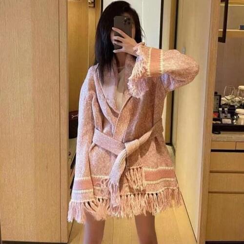 Cloak Knitted High Cardigan Street Runway 2021Elegant Fashion Designer Tassel Striped Letters Casual High Quality Shawl Women Za