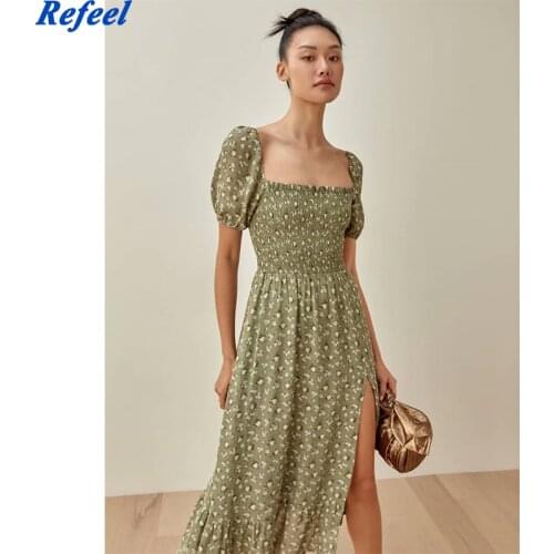 Spring summer women midi dress vintage floral print short sleeves chiffon long dress lining elegant lady robe femme