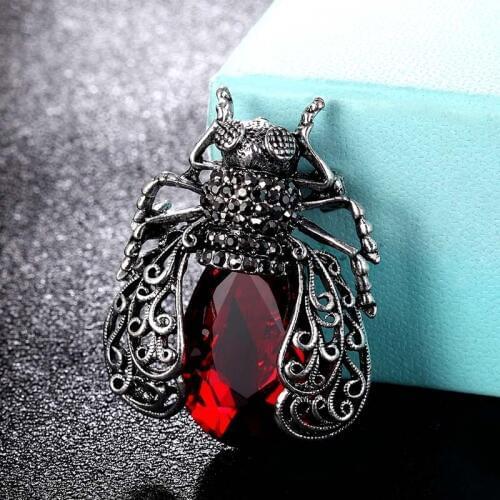 Zlxgirl brand red and blue drop crystal beetle punk brooch for men jewelry antique silver scarf pins Clothes Lapel Pin Jewelry