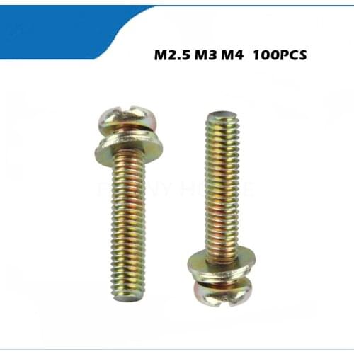 100pcs/Lot Cross round head three combination screw M2.5 M3 M4 Pan head with flat elastic pad PM color zinc electronic screw