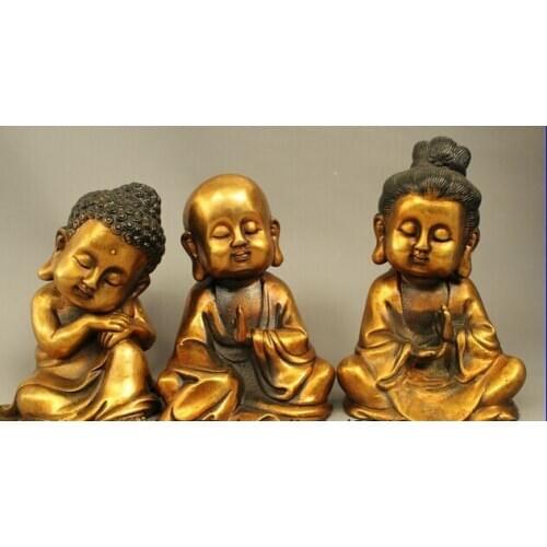 Free Shipping shitou 002942 8" Tibet Bronze Gild Boy West 3 God Kwan-yin GuanYin Shakyamuni Buddha Statue