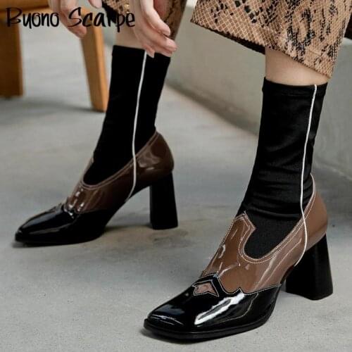Genuine Leather Square Toe Ankle Boots Designer Sock Shoes Retro Women Ankle Boots Elastic Stretch Short Booties Chunky Heels