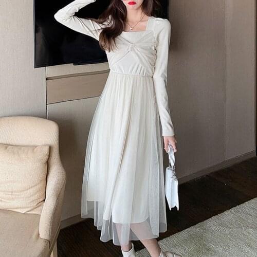 French Chic Square Collar Womens Dress Sweet Mesh Long Sleeve Over Knee Dress Autumn Preppy A-type Dresses Women 12443