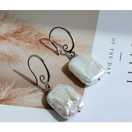 Geometric earrings, square white natural freshwater pearls, sterling silver jewelry, womens pearl earrings