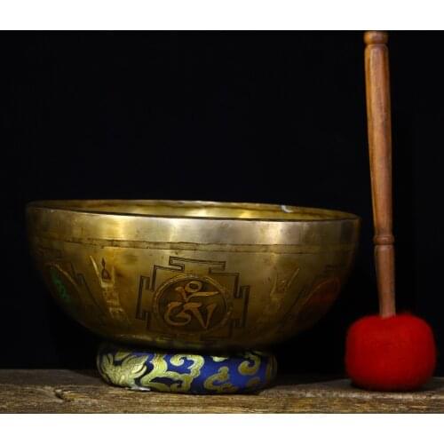 9"Tibet temple Old Bronze Hand beat Engraved Tracing Manjushri Buddha Statue Bowl sound bowl Big bowl Dharma Town House Exorcism