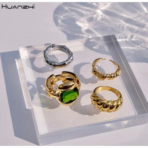 HUANZHI 2020 New Korea Simple Irregular Double Layer Winding Twisted Adjustable Green Crystal Punk Gold Metal Rings for Women