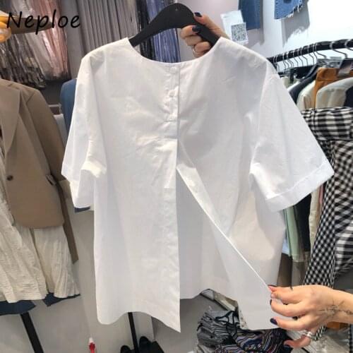 Neploe Korean O Neck Brief Split Blouse Tops 2021 Summer New White Short Sleeve Shirts Women Elegant Pullover Top Blusas 1D978