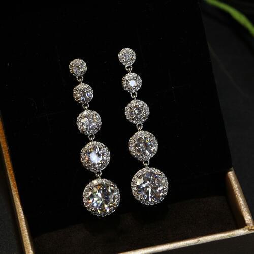 Fashion Female Crystal Round Drop Earrings 925 Sterling Silver Boho Wedding Jewelry AAA Zircon Stone Long Dangle Earrings