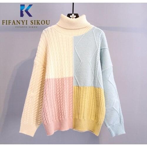 Fashion Patchwork Women Knitted Sweater 2020 Autumn Winter Turtleneck Thick Warm Sweaters Loose Pullover Female Jumpers Tops