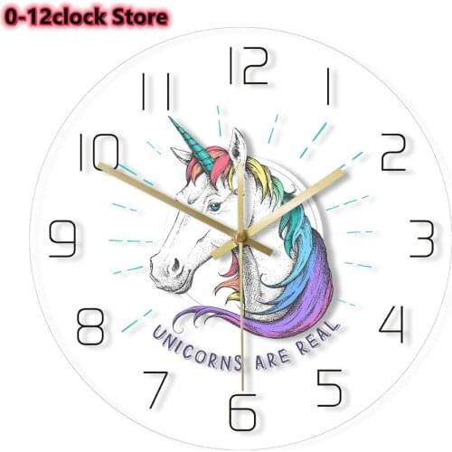 Cartoon Watercolour Acrylic Home Decor Rainbow Unicorn Are Real Wall Clock Hanging Unicornio Watch Silent Timepiece Horloge