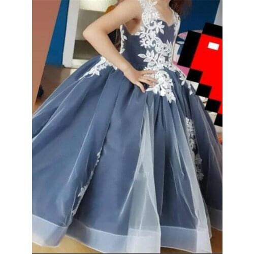 New Customized Flower Girl Dresses for Wedding White Applique Lace Up Back V Neck Girls Pageant Party Gowns