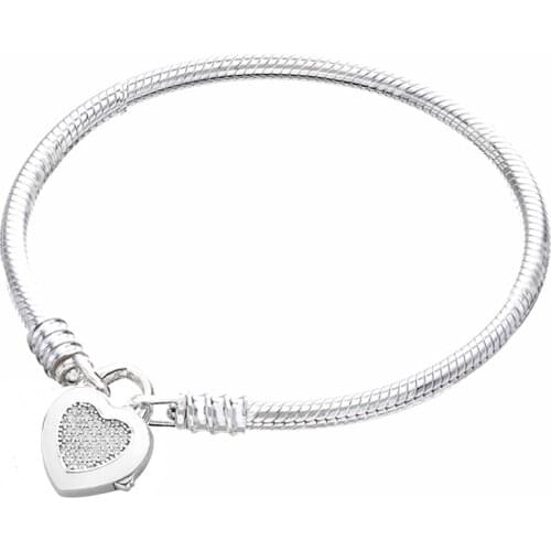 Original Moments Pave Love Heart Padlock Clasp Snake Bracelet Bangle Fit 925 Sterling Silver Bead Charm Diy Pandora Jewelry