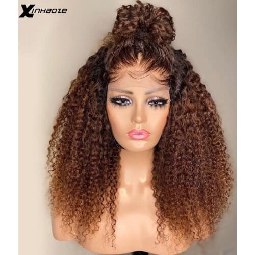 Brown Ombre Human Hair Wigs 13x4 Kinky Curly Lace Front Human Hair Wigs Brazilian Brown 4x4 Lace Closure Remy Hair 180% Density