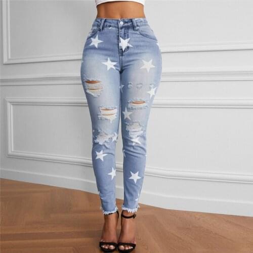 Star Print Jeans Pants Female Trendy Hole Tassel Mid Waist Pencil Pants Vintage Skinny Worn Slim Light Blue Women Denim Trousers