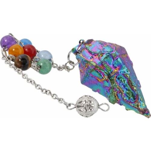 TUMBEELLUWA Rainbow Aura Titanium Coated Quartz Crystal Point 7 Chakra Beads Chain Healing Reiki Dowsing Pendulum