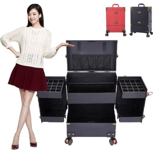 Luxury Travel Professional Makeup Trolley Suitcase Wheels Rolling Black Pu Full Beauty Manicure Cosmetic Organizer Storage Case