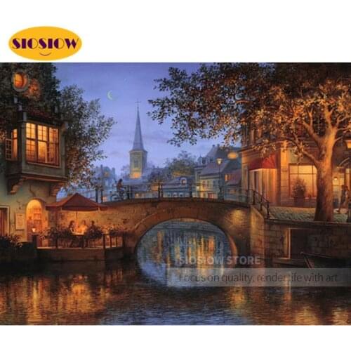 SIOSIOW 5d Diamond Painting Bridge City Night Scene Scenery Full Square Diamond Mosaic Embroidery Building Landscape Decor Home