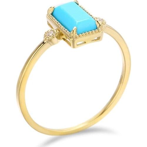 UBESTNICE Natural Gemstone Rectangle Turquoise For Women Party Gift Fine Jewelry Vintage Simple Real 9K 585 Yellow Gold Rings