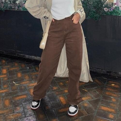 Harajuku Vintage Jeans Women 2021 Fashion High Waist Straight Denim Pants Holiday Casual Brown Wide Leg Trouser Streetwear