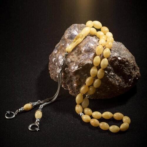 Honey Colored Amber Gemstone Prayer Rosary Men Sphere Rosary With Silver Tassel Turkish Tasbih With Two Moon Star Model Tassel