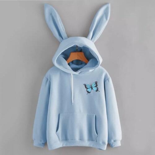 Womens Rabbit Ear Hoodies Sweatshirt Pullover Tops Blouse Long Sleeve Butterfly Animal Printed Sweet Kawaii Warm Autumn Pullover