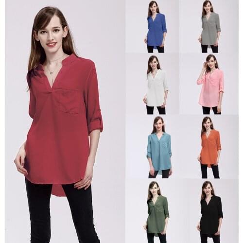 Large size woman V neck long sleeve pocket loose chiffon blouse blouse woman