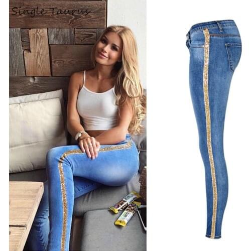 Low Waist Fashion Side Stripe Skinny Jeans Women Slim Embroidered Gold Sequin Vaqueros Mujer High Street Push Up Calca Denim