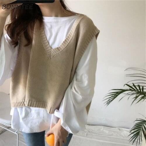 5 Colors Sweater Vest Women Solid Loose Leisure Chic All-match Basic Simple Tender Ulzzang Teens Cropped Knitwear Spring Fall